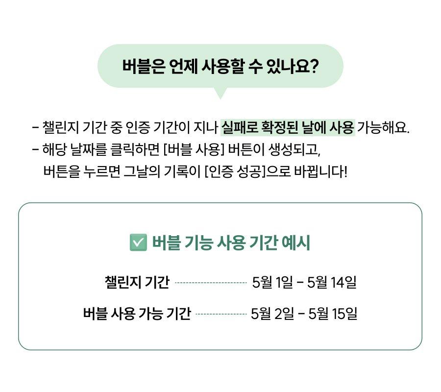버블은 언제 사용할 수 있나요? 챌린지 기간 중 인증 기간이 지나 실패로 확정된 날에 사용할 수 있어요. 해당 날짜를 클릭하면 버블 사용 버튼이 생기고, 누르면 그날의 기록이 인증 성공으로 바뀌어요. 챌린지 기간이 5월 1일부터 14일이면 버블 사용 가능 기간은 5월 2일부터 15일이에요